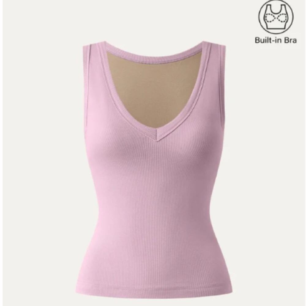 Women’s Pink Ribbed V-Neck Tank Top with Built-In Bra